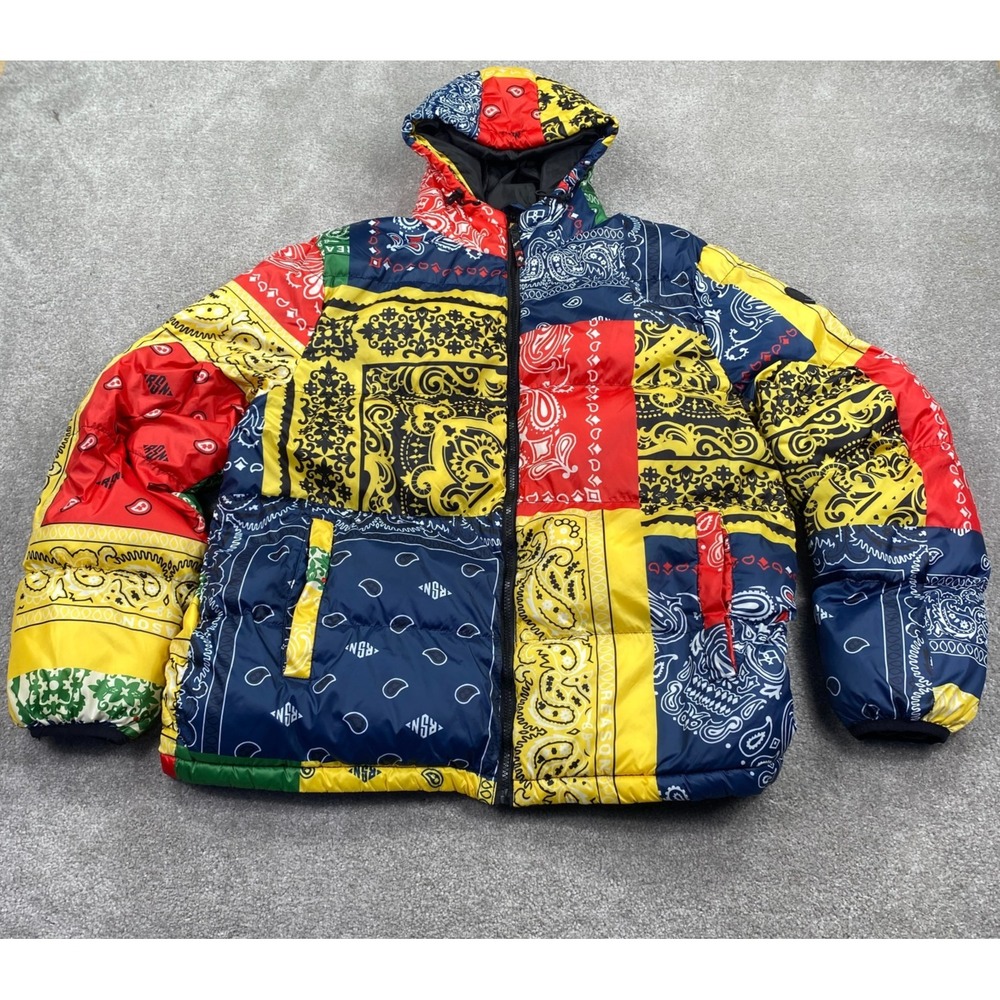 Reason Full Zip Up Bandana Print Hooded Puffer Jacket Women's Size XL Multicolor